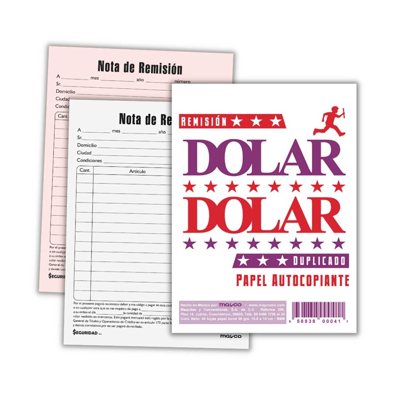 Block Remisión 1/8 Duplicado Dolar RD6, Autocopia 10.5 x 14 cm. 22 Juegos
    DOLAR


            SKU
        059750

    
     