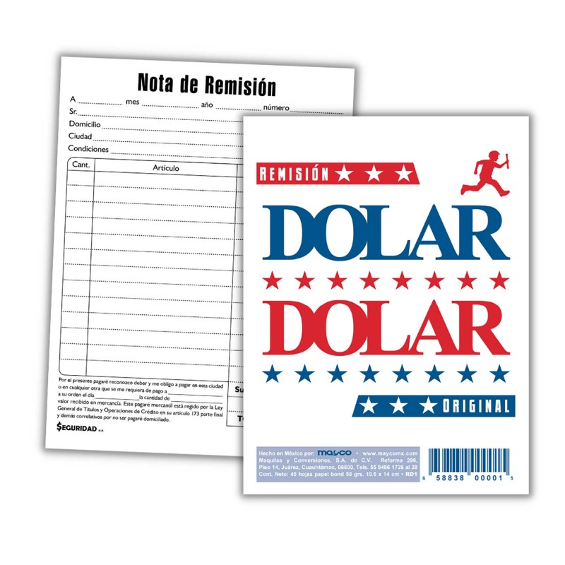 Block Remisión 1/8 Original Dolar RD1, 10.5 x 14 cm. 45 h.
    DOLAR


            SKU
        059727

    
        
           