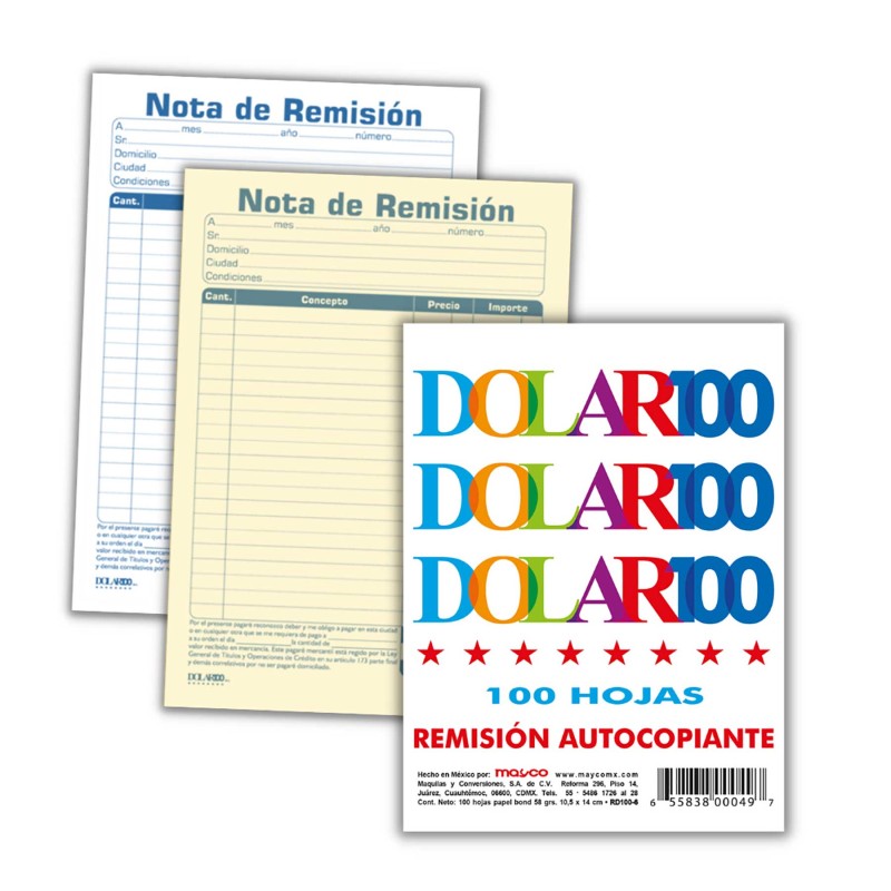Block Remisión 1/8 Duplicado Dolar RD-100-6, Autocopia, 10.5 x 14 cm. 50 juegos
    DOLAR


            SKU
        059766

    
