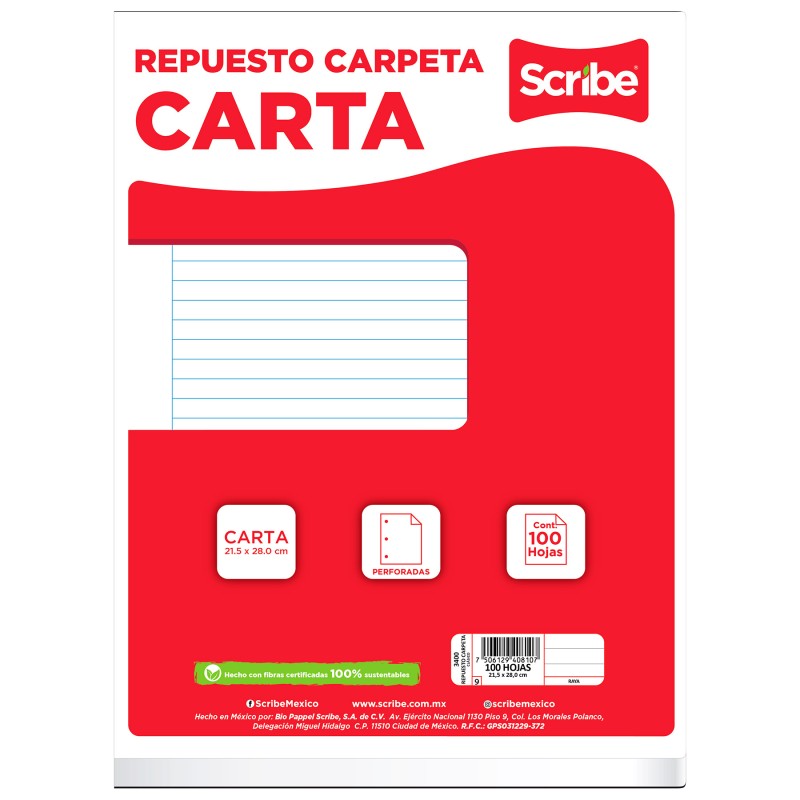 Hojas de Repuesto para Carpeta Scribe 3400, Raya, Carta, 100 h.
    SCRIBE


            SKU
        043001

    
        
     