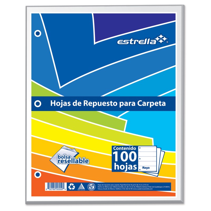 Hojas de Repuesto para Carpeta Estrella 0557, Raya, Carta, 100 h.
    ESTRELLA


            SKU
        043013

    
        
 