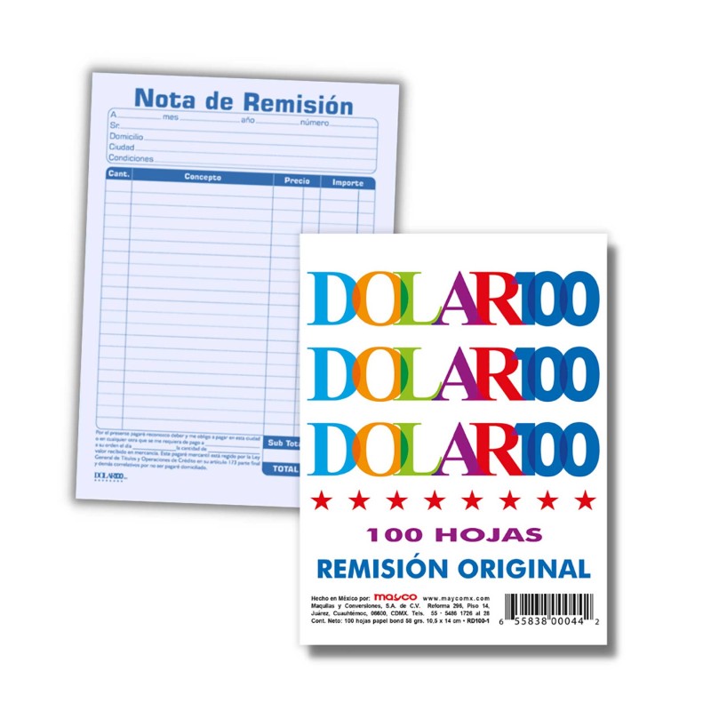 Block Remisión 1/8 Original Dolar RD-100-1, 10.5 x 14 cm. 100 h.
    DOLAR


            SKU
        059765

    
        
     