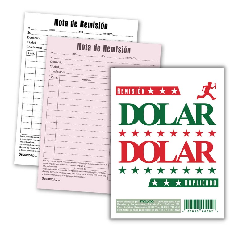 Block Remisión 1/8 Duplicado Dolar RD2, 10.5 x 14 cm. 25 Juegos
    DOLAR


            SKU
        059728

    
        
      