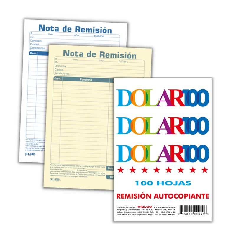 Block Remisión Esquela Duplicado Dolar RD-100-7 Autocopia 14 x 20.5 cm. 50 Juegos
    DOLAR


            SKU
        059768

  