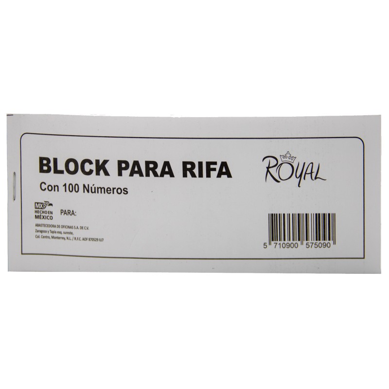 Boletos Rifa Royal Block C/100 Boletos
    ROYAL


            SKU
        057509

    
        
            
                Se