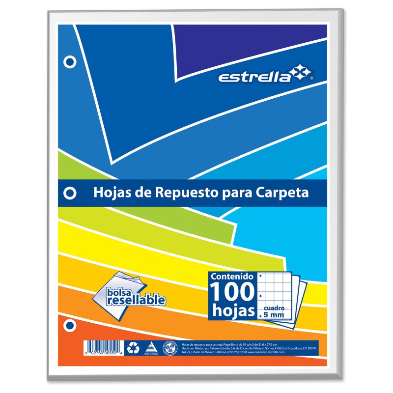 Hojas de Repuesto para Carpeta Estrella 0562, Cuadro Chico, Carta,100 h.
    ESTRELLA


            SKU
        043014

    
   