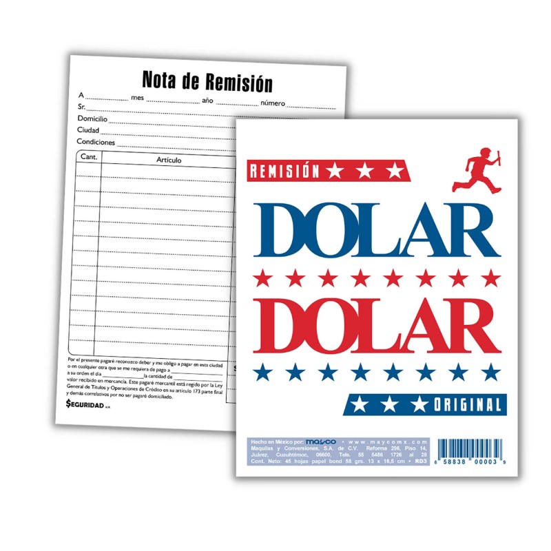 Block Remisión Esquela Original Dolar RD3 13 x 16.5 cm. 45 h.
    DOLAR


            SKU
        059729

    
        
        